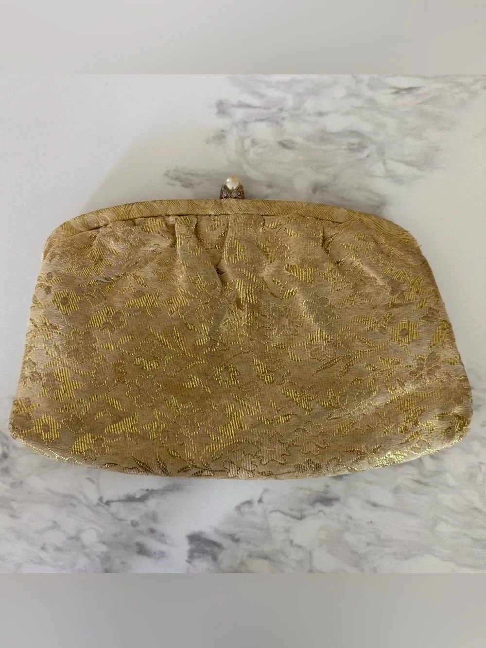 Gold Jacquard Pearl-Clasp Evening Clutch